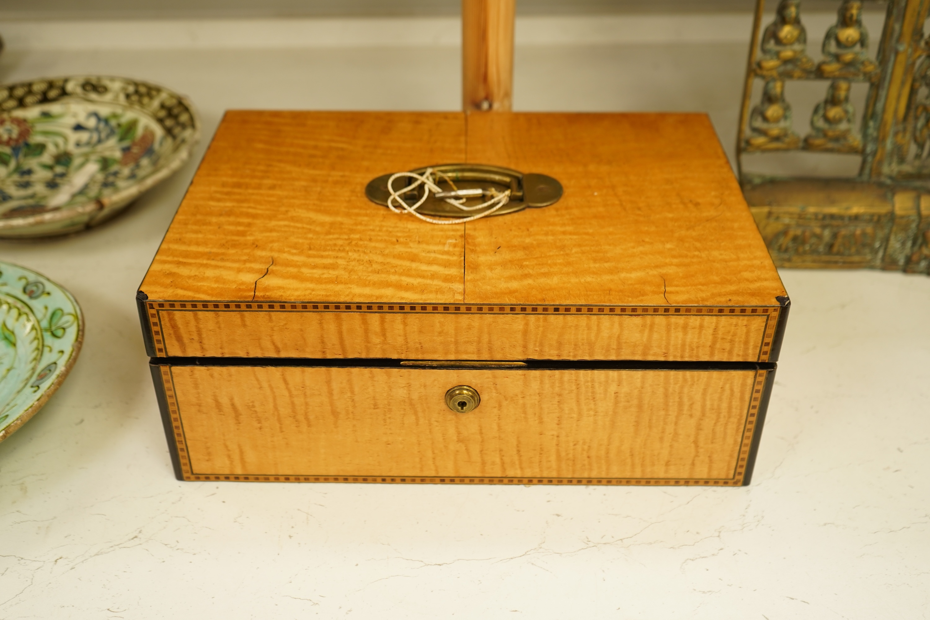 A Victorian sycamore stationery box with fitted interior and inlaid banding, with key, 37cm wide
